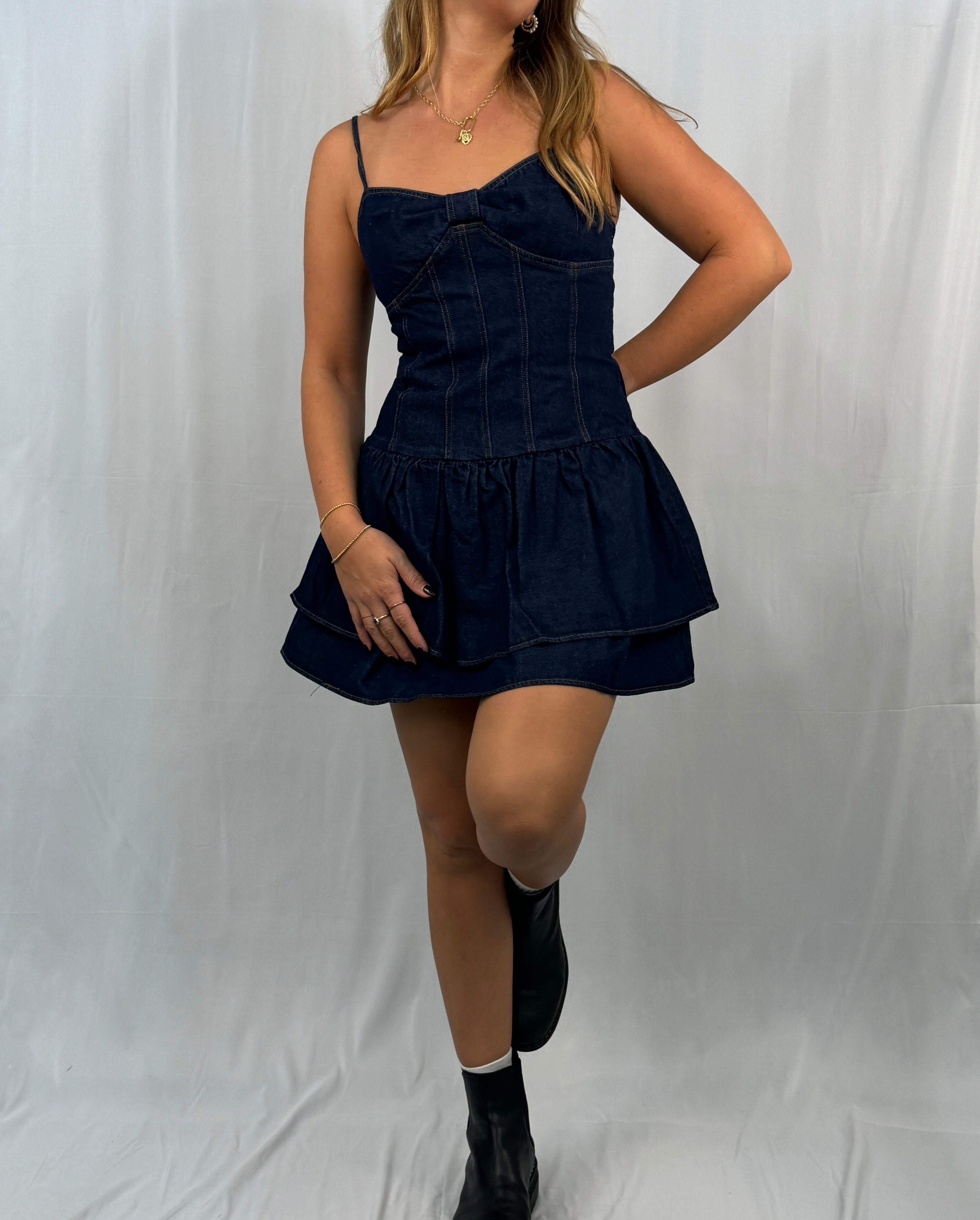 Tiered Strappy Denim Mini Dress