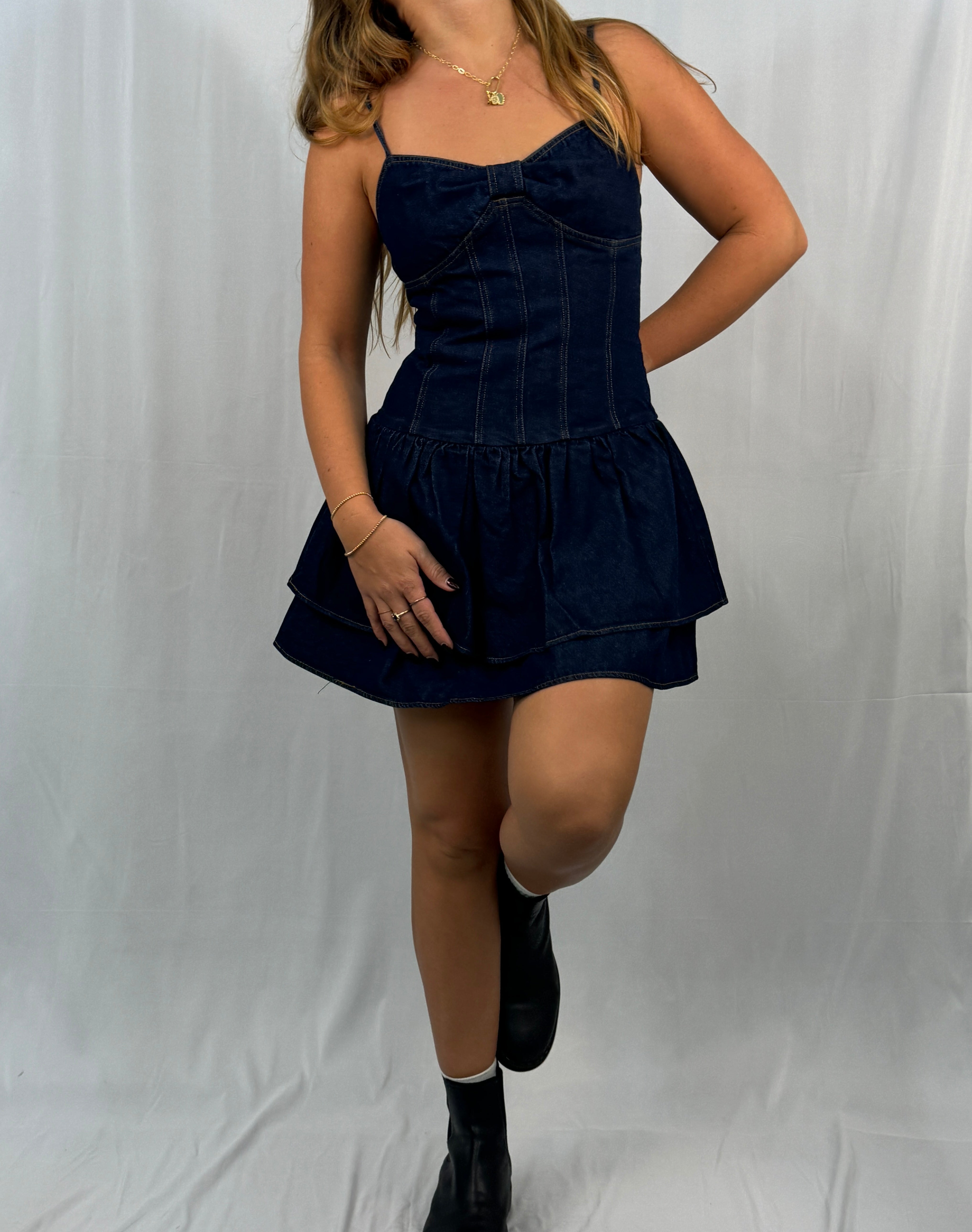 Tiered Strappy Denim Mini Dress