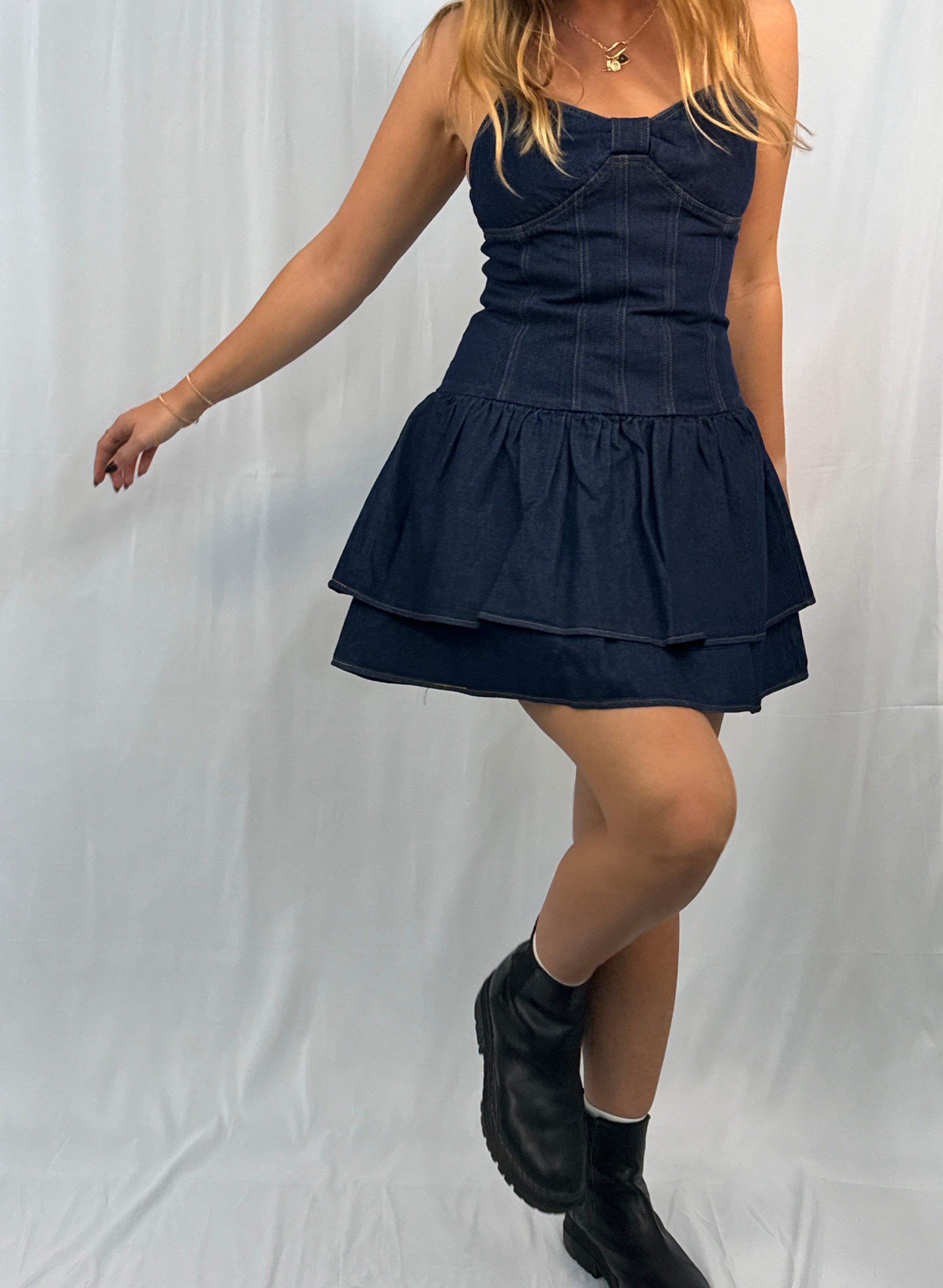 Tiered Strappy Denim Mini Dress