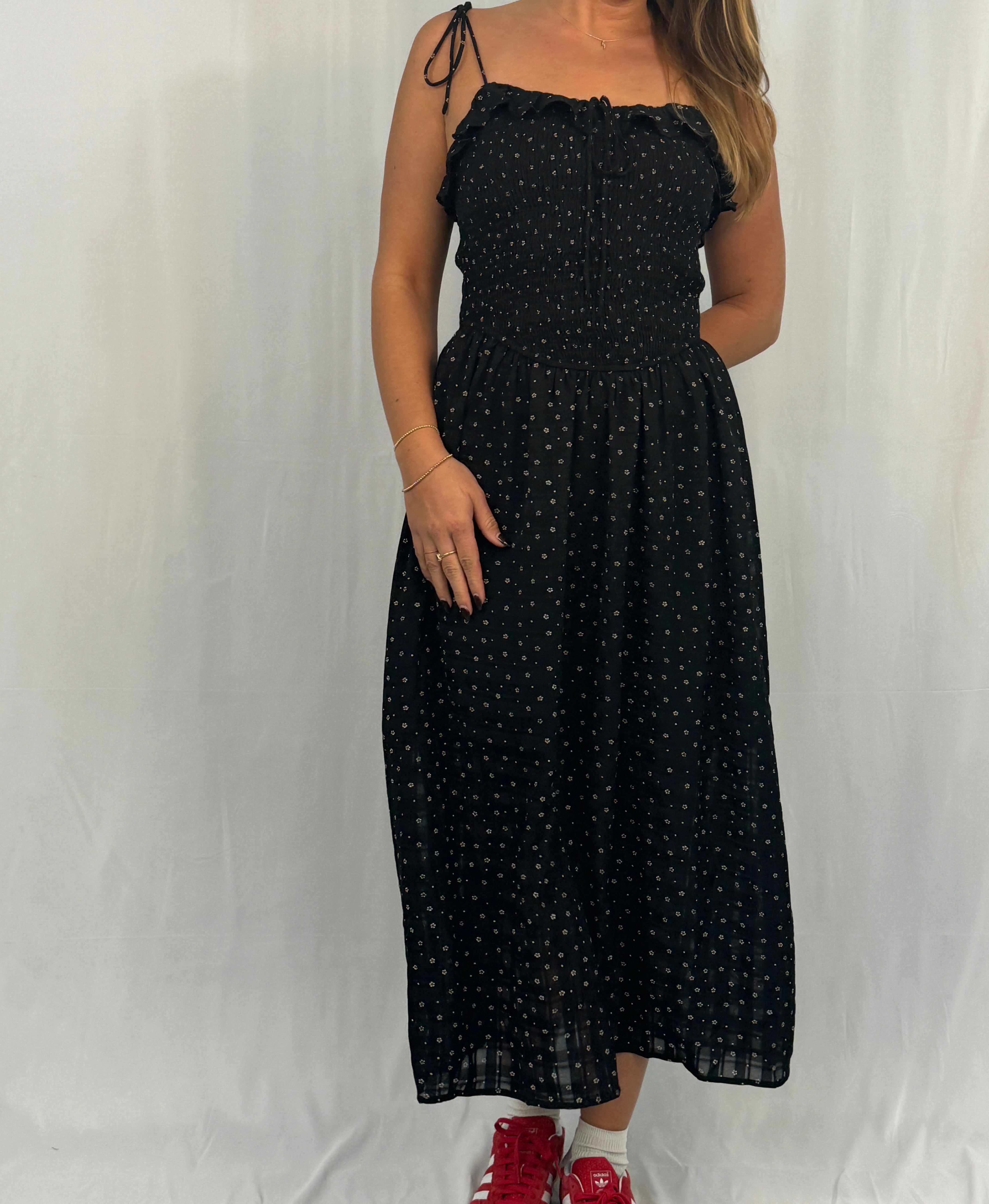 Printed Smocked Strap Dress in Black Floral