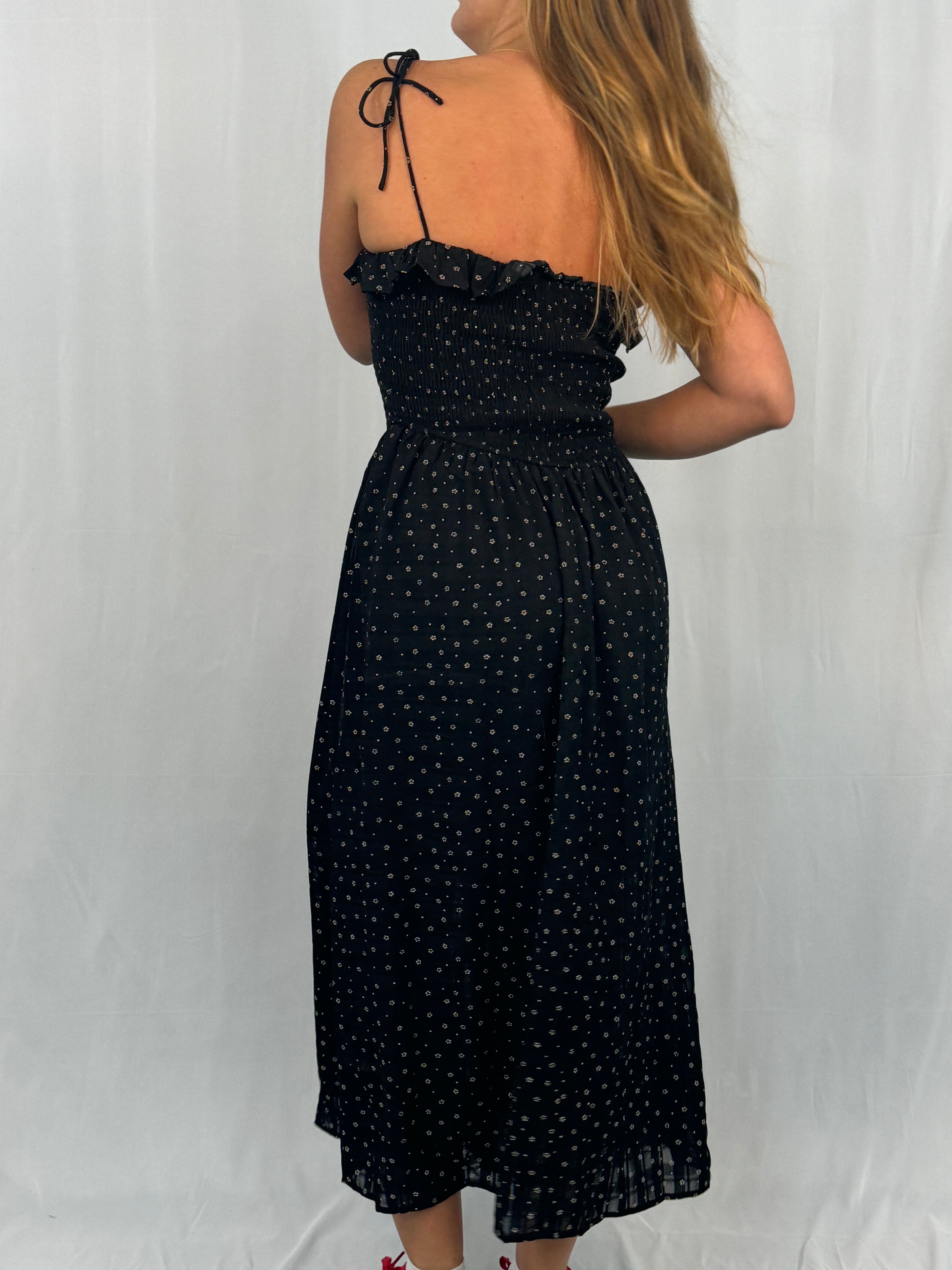 Printed Smocked Strap Dress in Black Floral