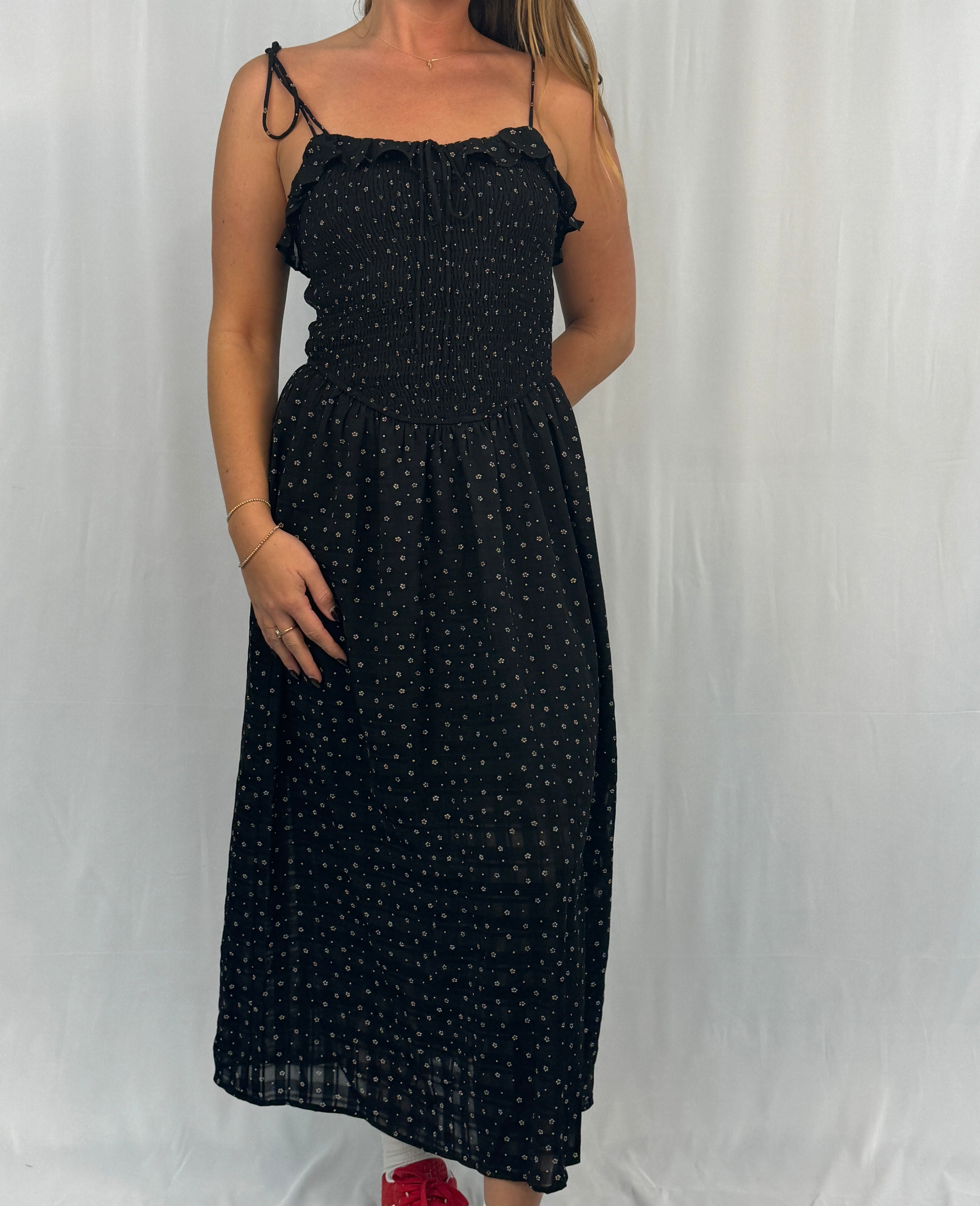 Printed Smocked Strap Dress in Black Floral