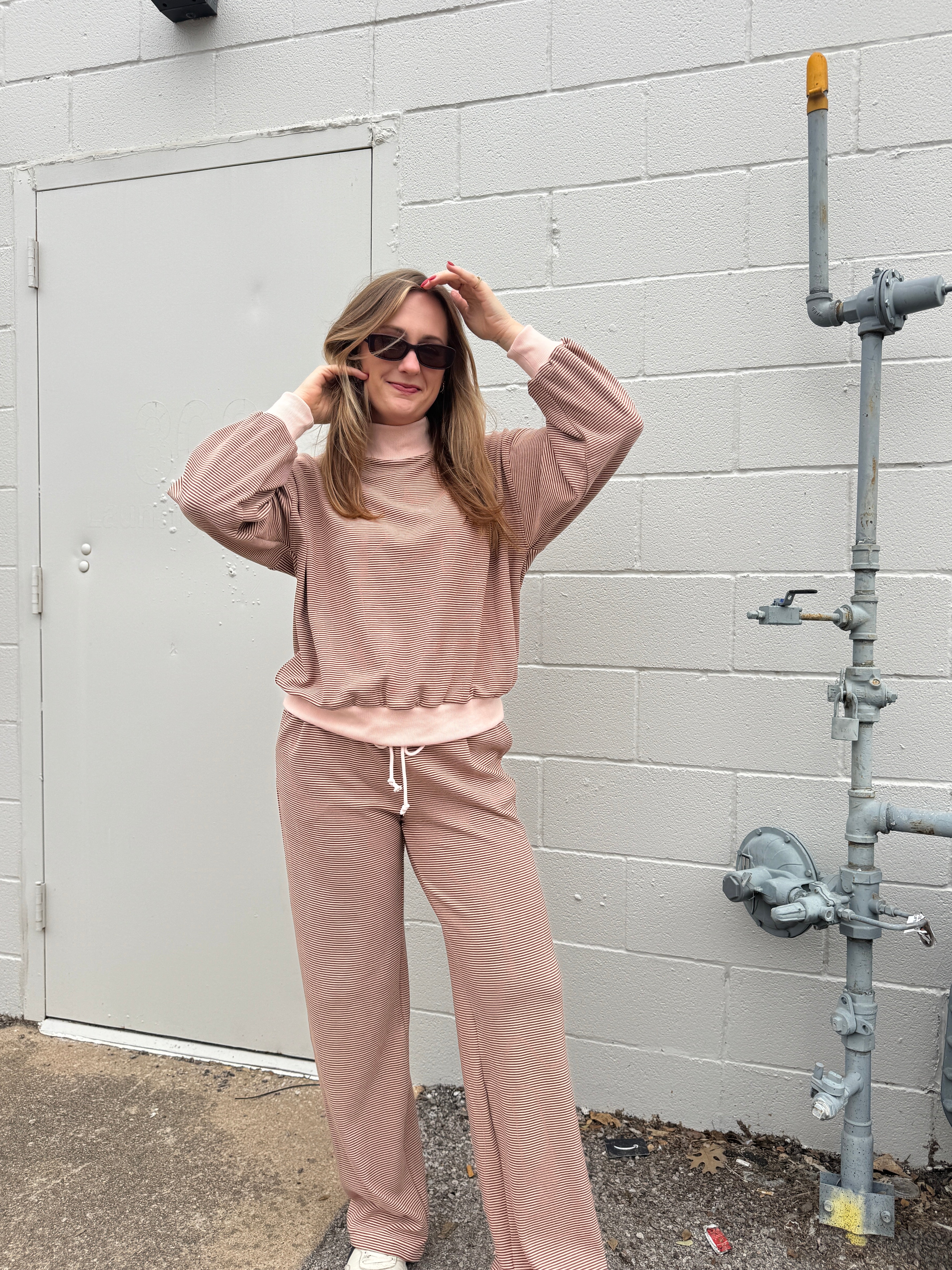 Mock Neck Stripe Lounge Set Top