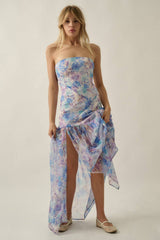 Asymmetrical Strapless Drop-Waist Maxi Dress - Blue
