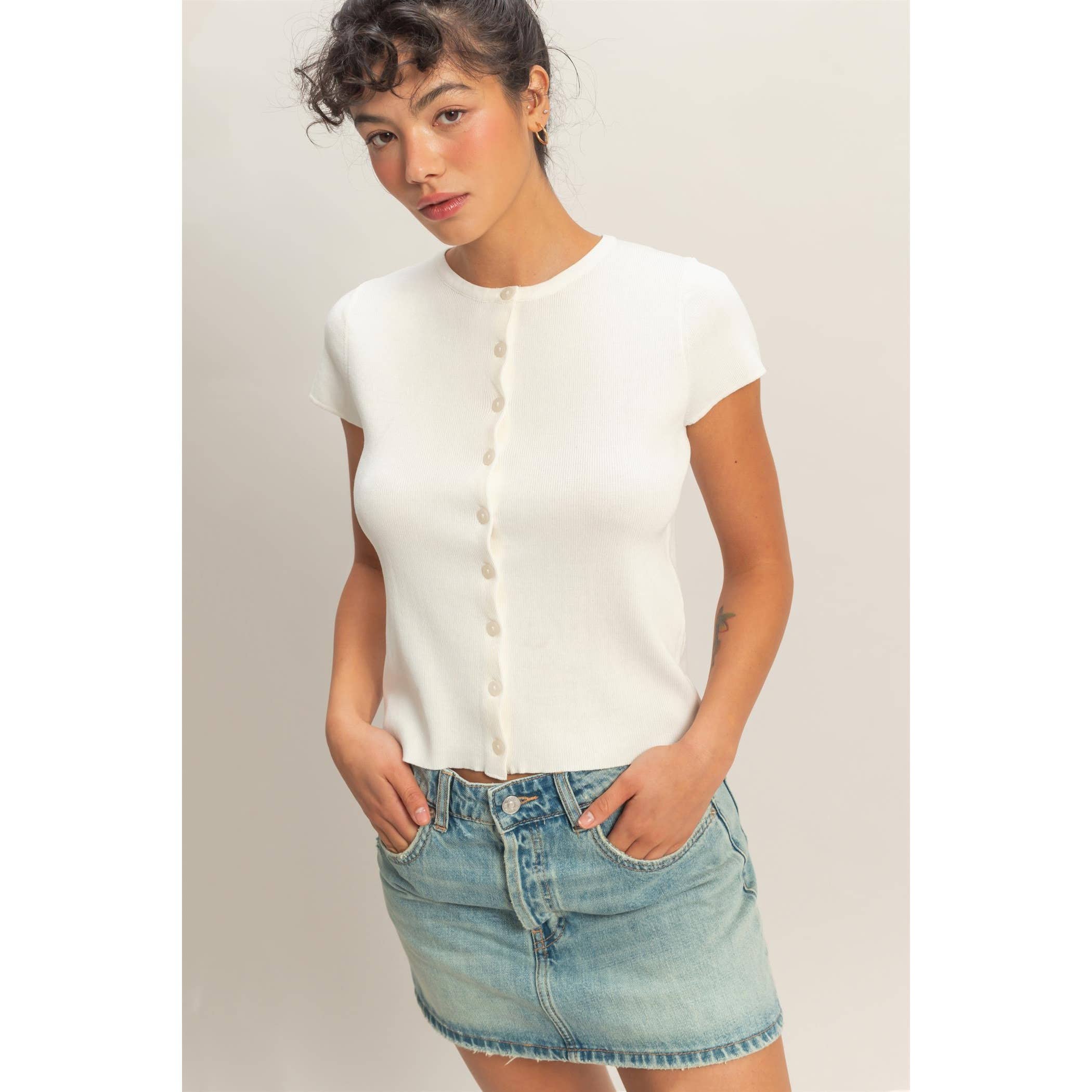 Button Front Short Sleeve Knit Top