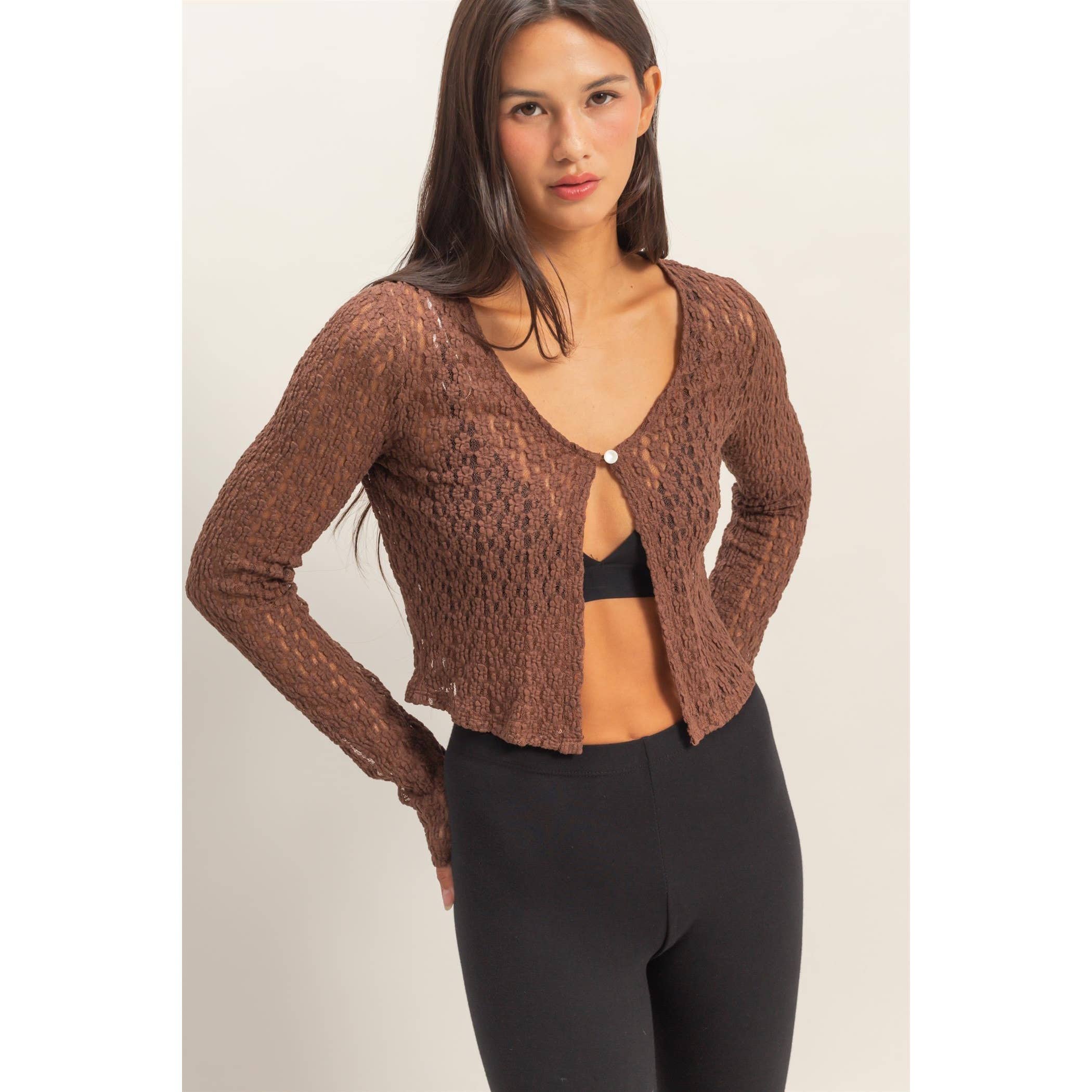 Pearl Button Sheer Lace Cardigan Top