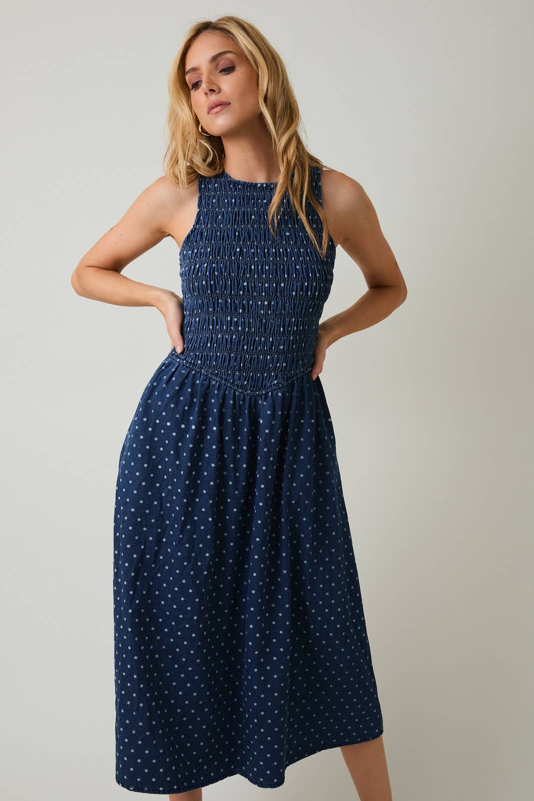 Denim Polka Dot Midi Dress