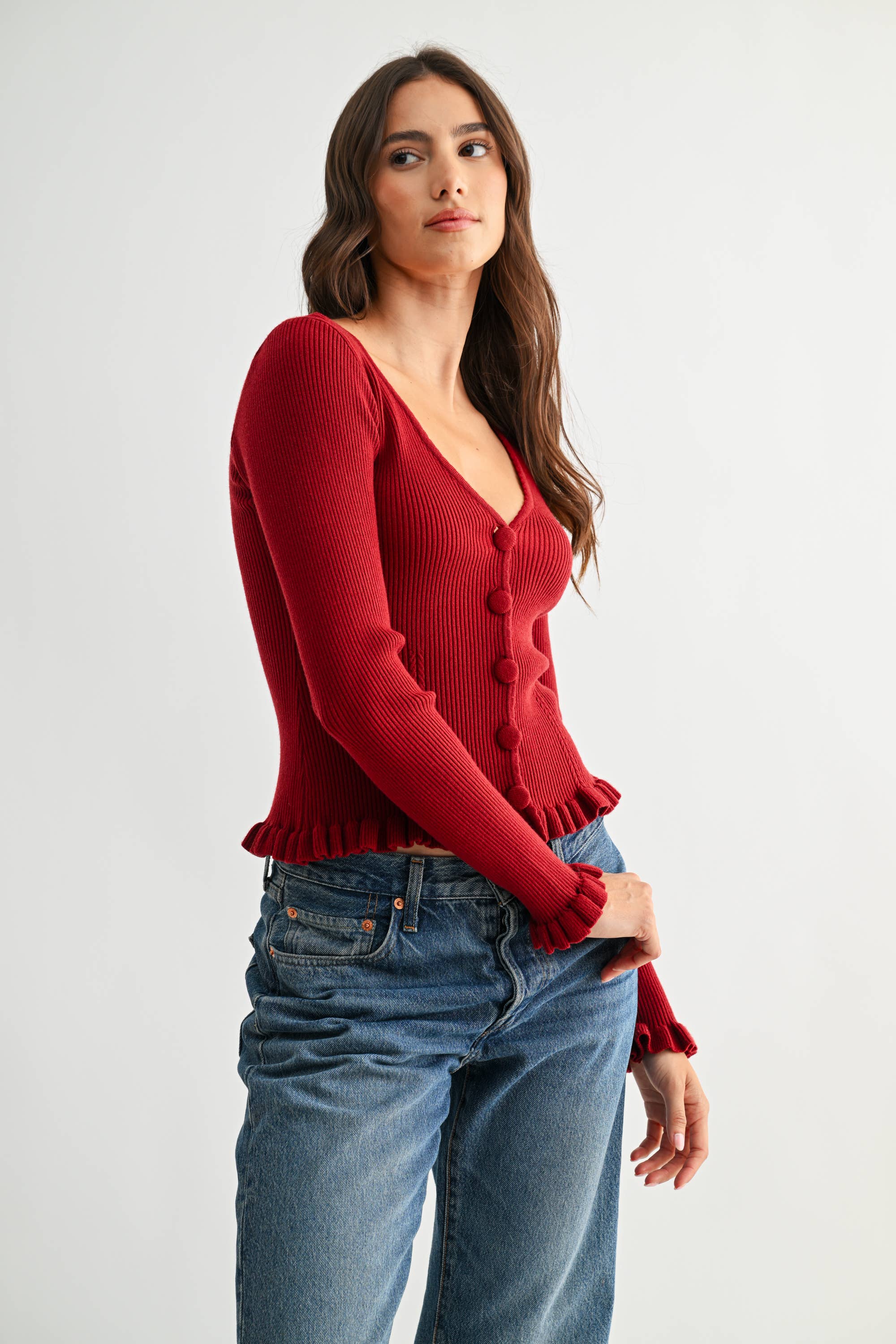 Ribbed Cardigan - Deep Red