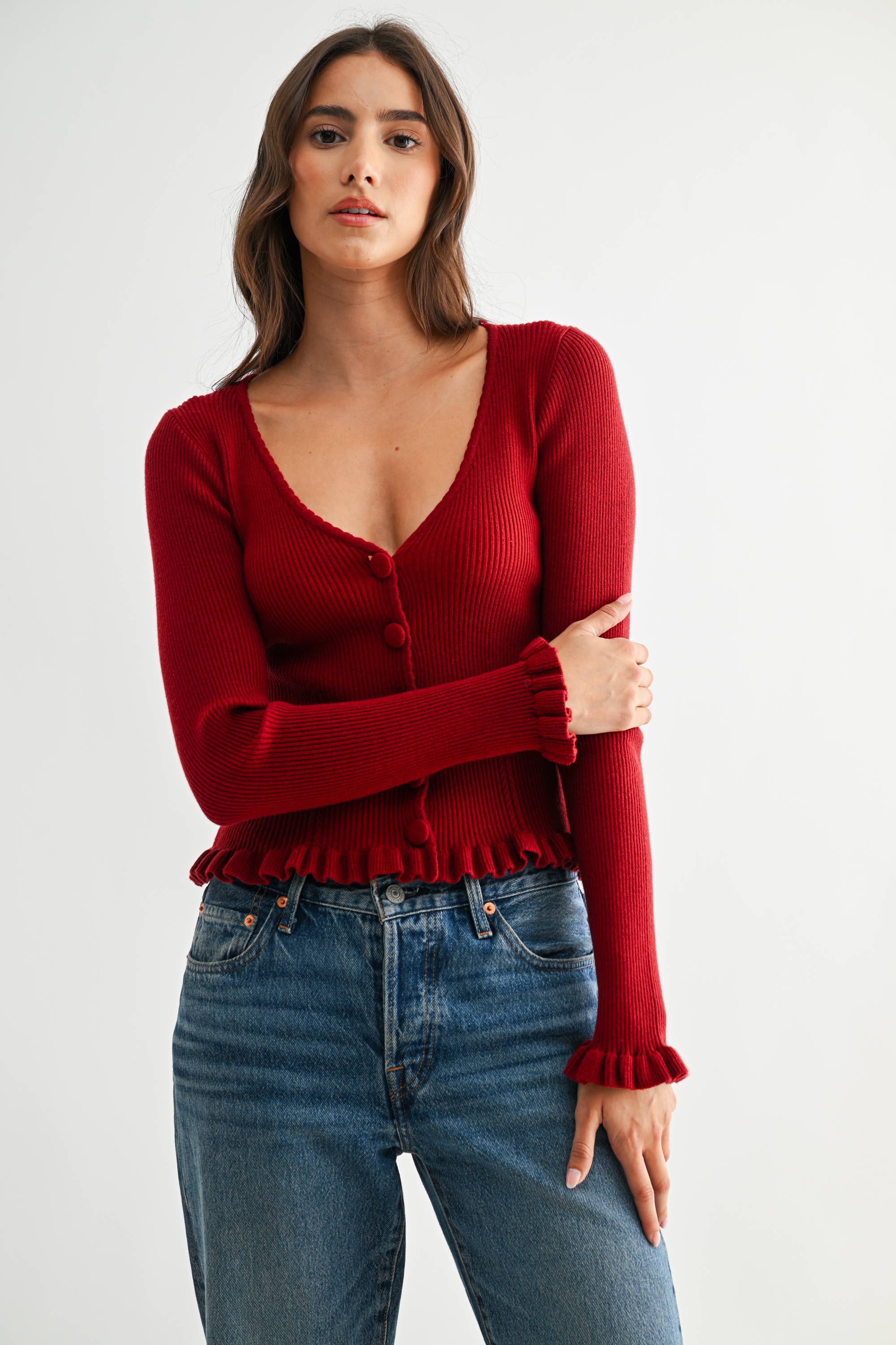 Ribbed Cardigan - Deep Red