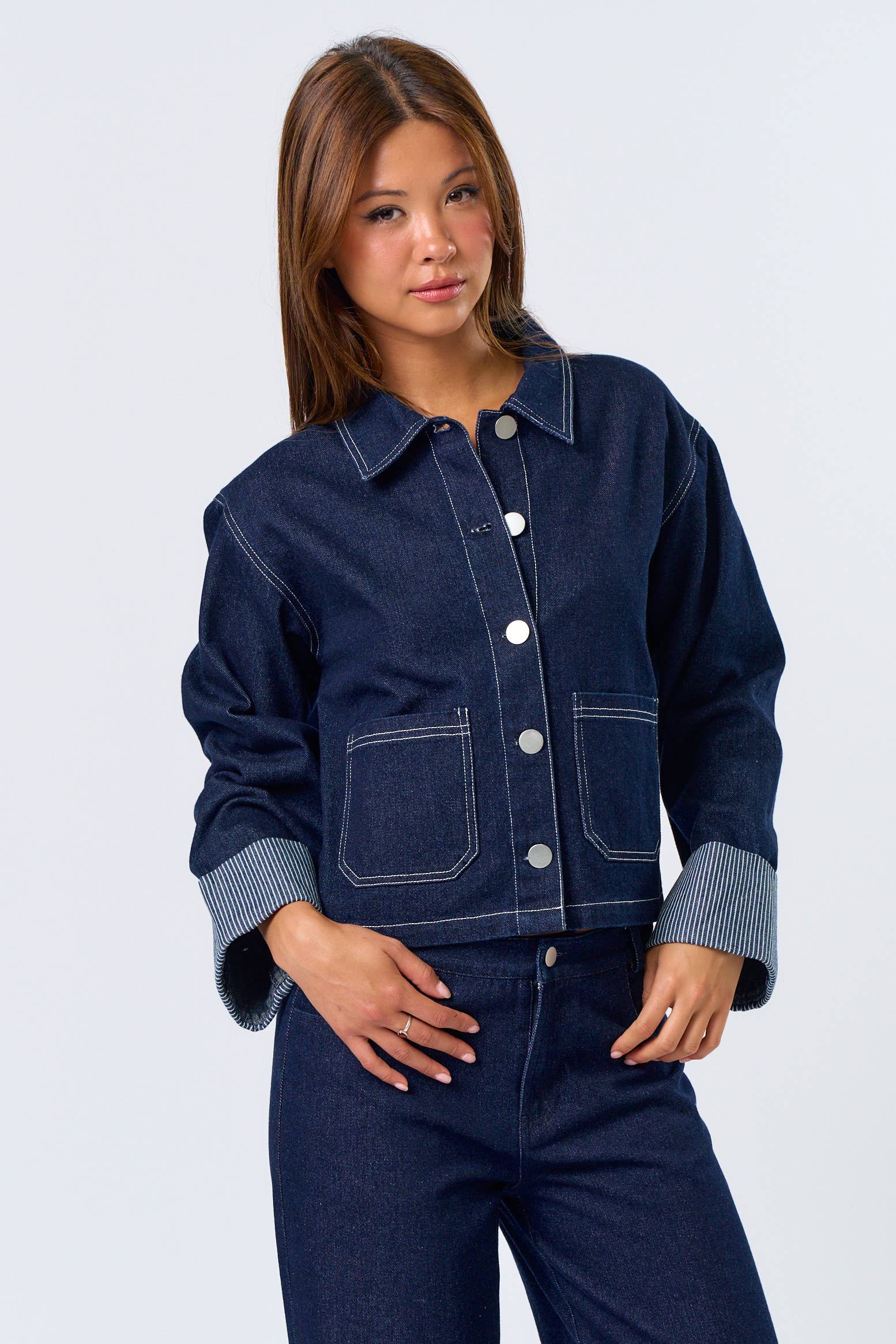 Stripe Folded Cuff Detailed Denim Jacket