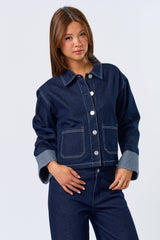 Stripe Folded Cuff Detailed Denim Jacket