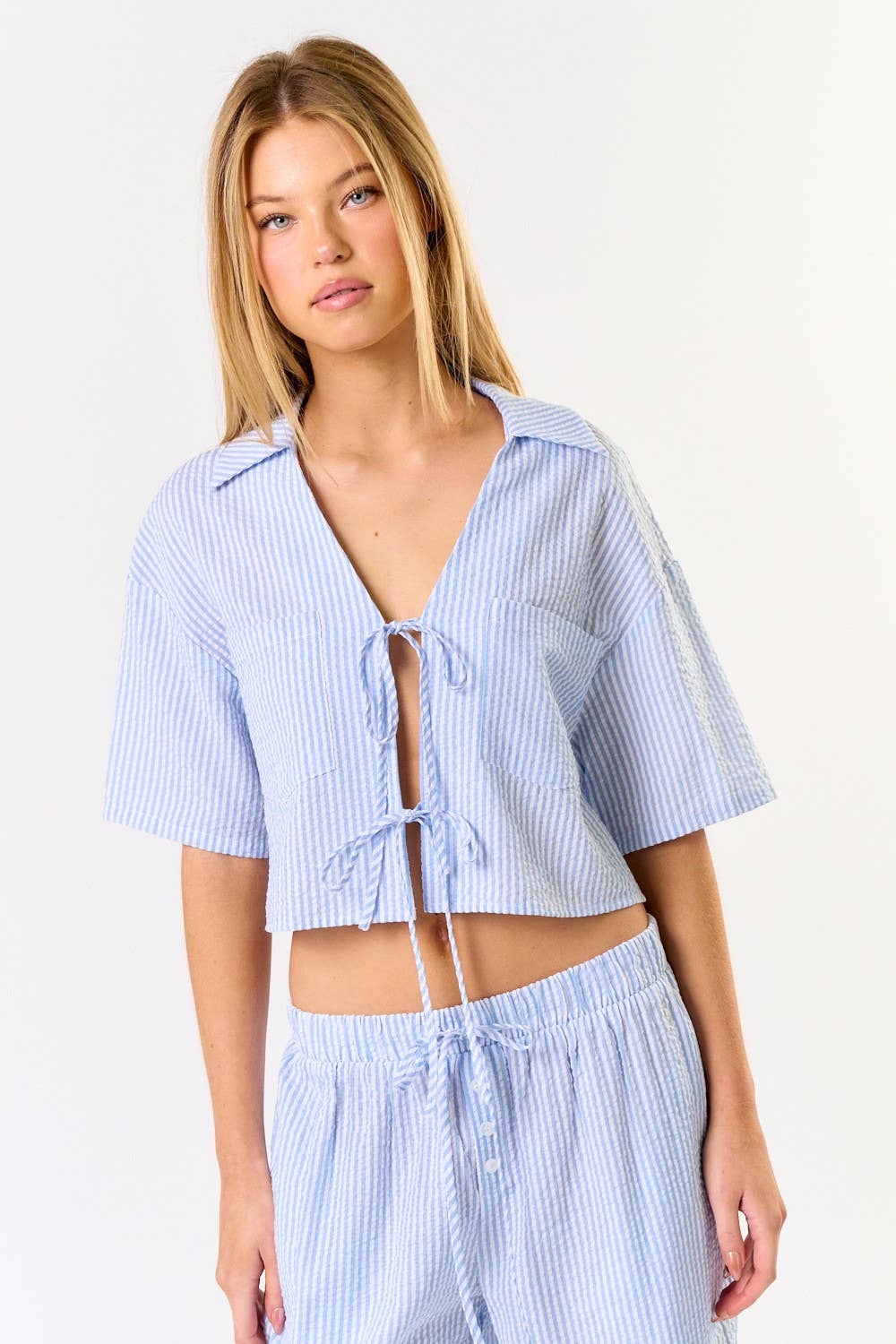 Stripe Front Tie Collared Top
