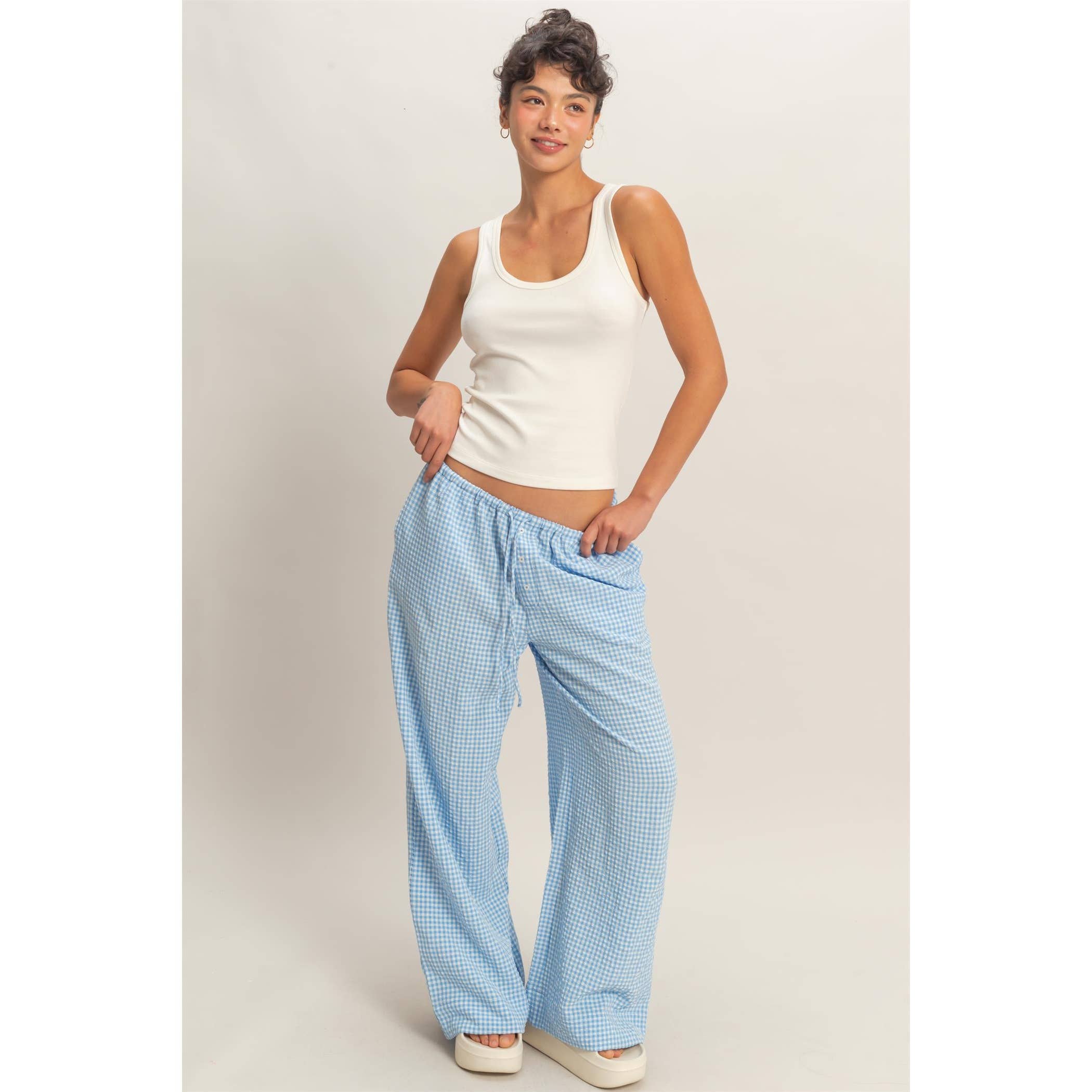 Gingham Drawstring Wide-Leg Pants