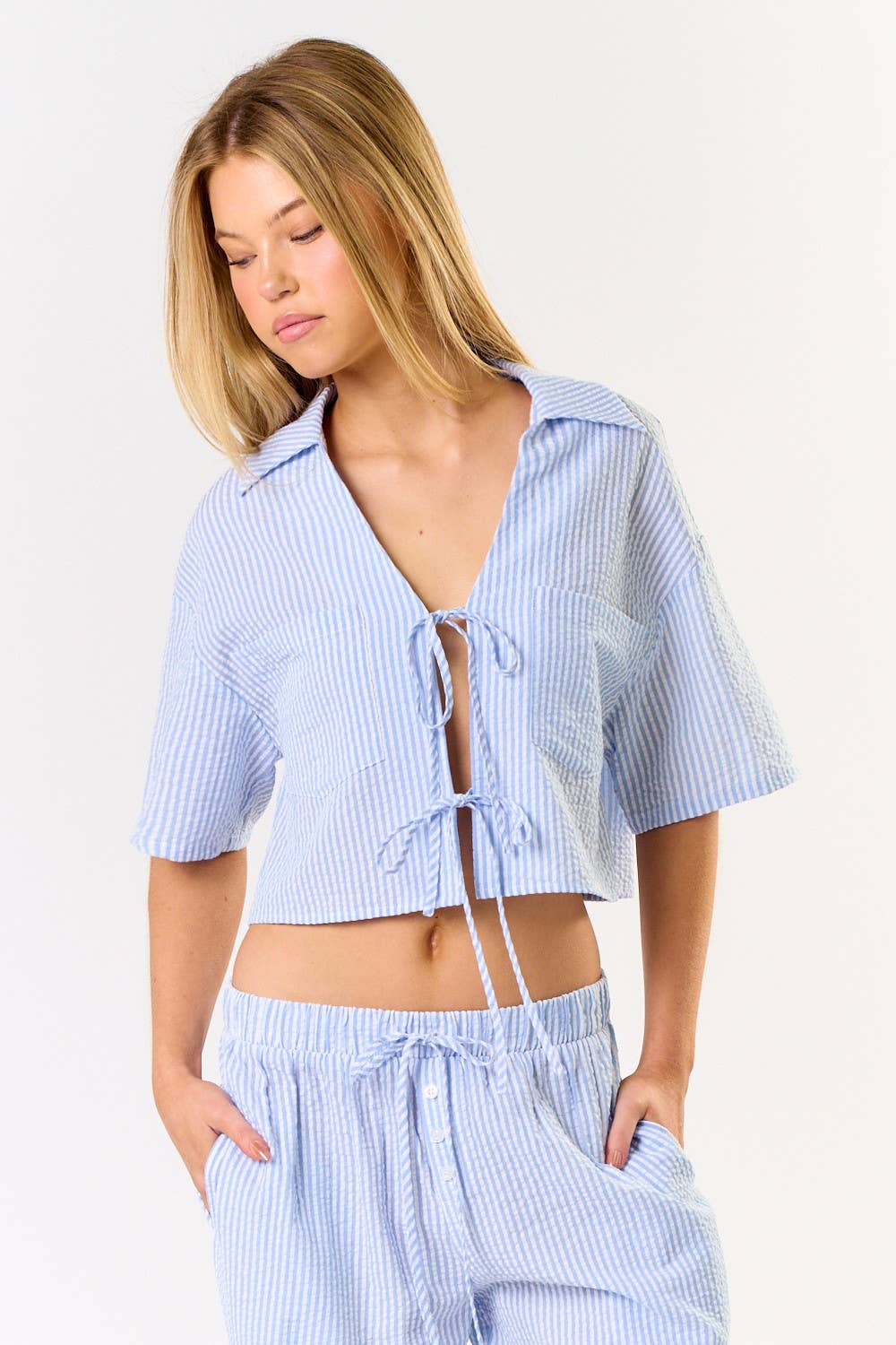 Stripe Front Tie Collared Top