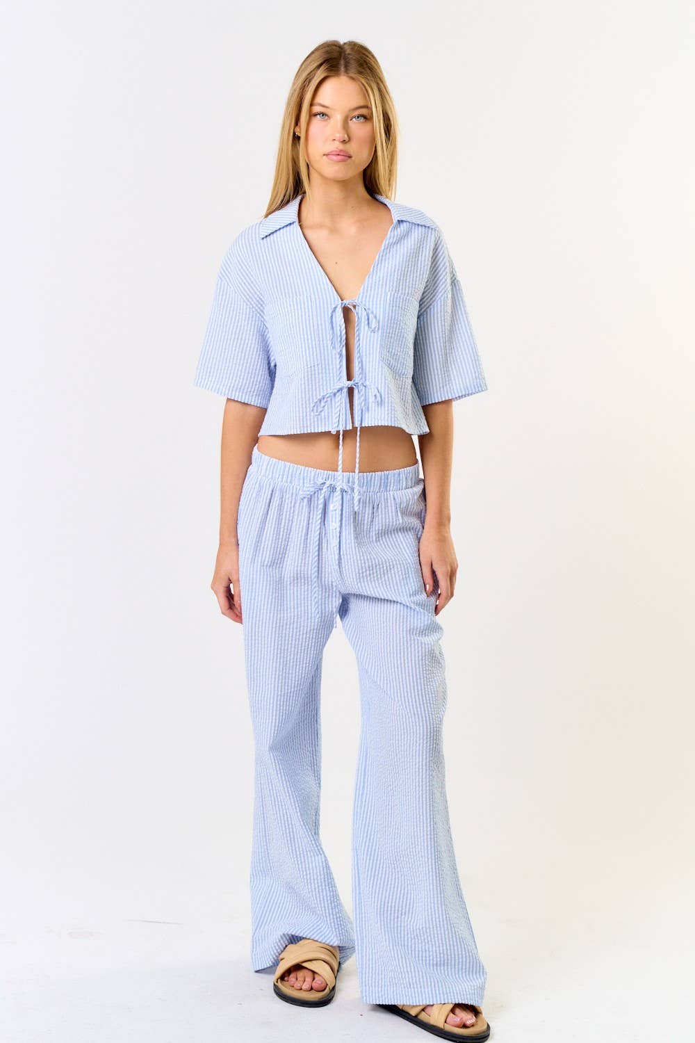 Stripe Front Tie Collared Top