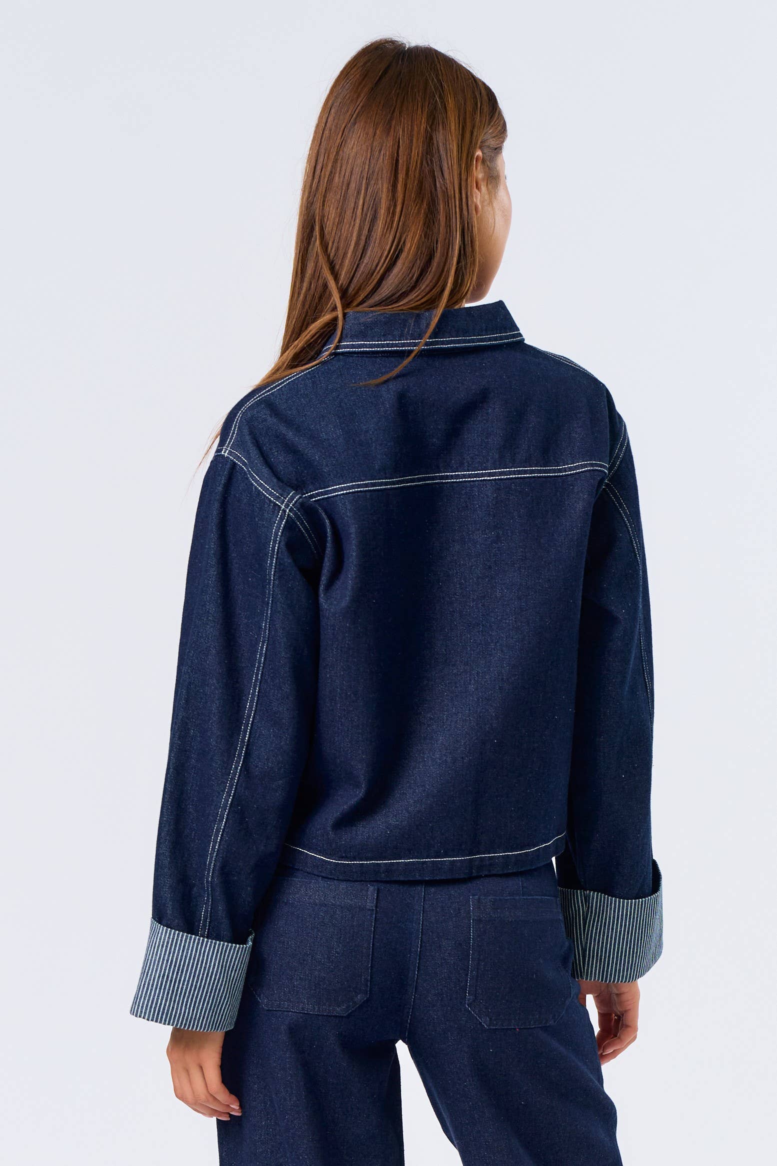 Stripe Folded Cuff Detailed Denim Jacket