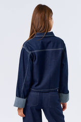Stripe Folded Cuff Detailed Denim Jacket