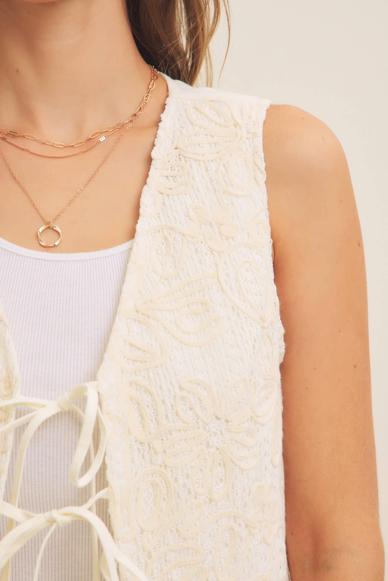 Embroidery Vest with Front Ribbon Tie