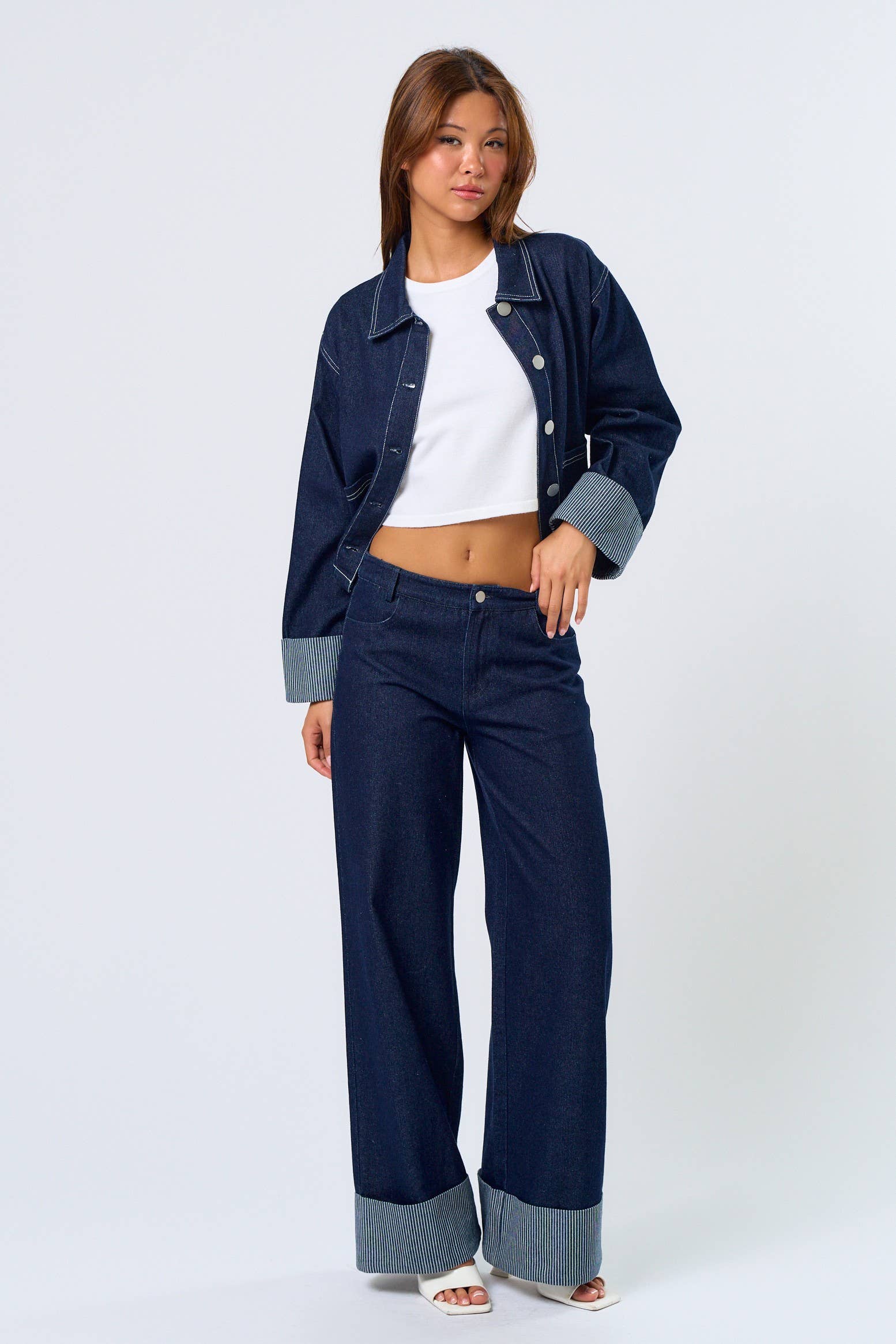 Stripe Folded Cuff Detailed Denim Jacket
