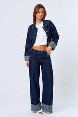 Stripe Folded Cuff Detailed Denim Jacket