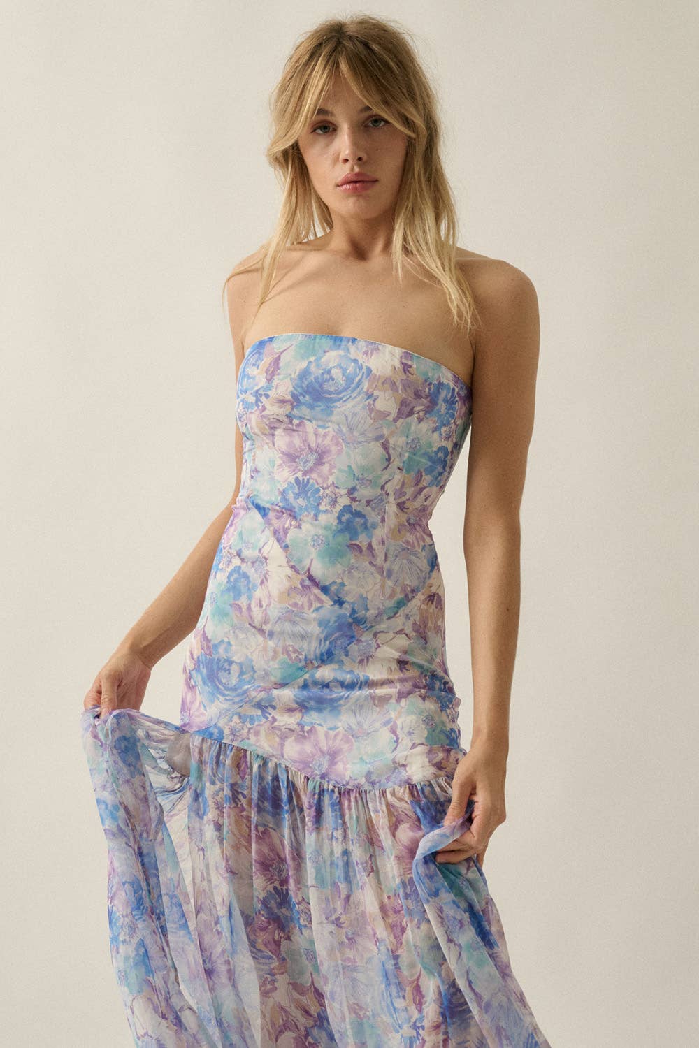 Asymmetrical Strapless Drop-Waist Maxi Dress - Blue
