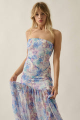Asymmetrical Strapless Drop-Waist Maxi Dress - Blue