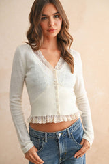 Lace Contrast Knit Cardigan