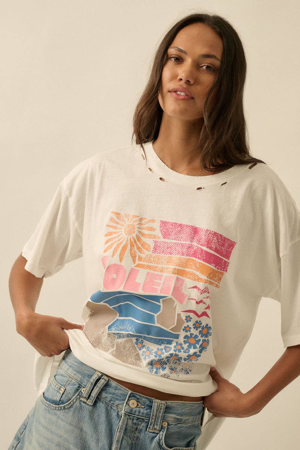 Soleil Beach Distressed Oversize Graphic Tee