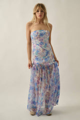 Asymmetrical Strapless Drop-Waist Maxi Dress - Blue