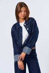 Stripe Folded Cuff Detailed Denim Jacket