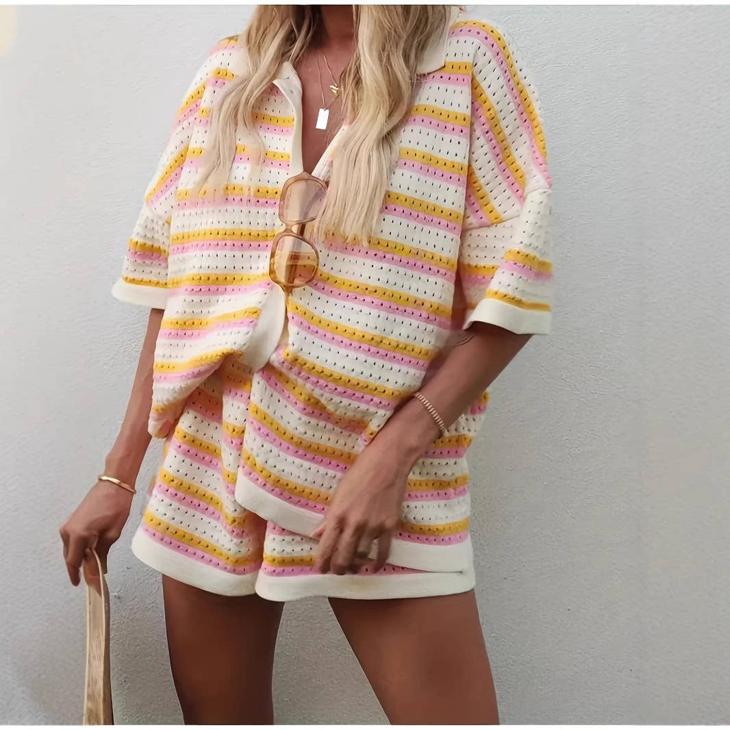 Woolen Colorblocked Lapel Stripe Top (Set)