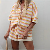 Woolen Colorblocked Lapel Stripe Top (Set)