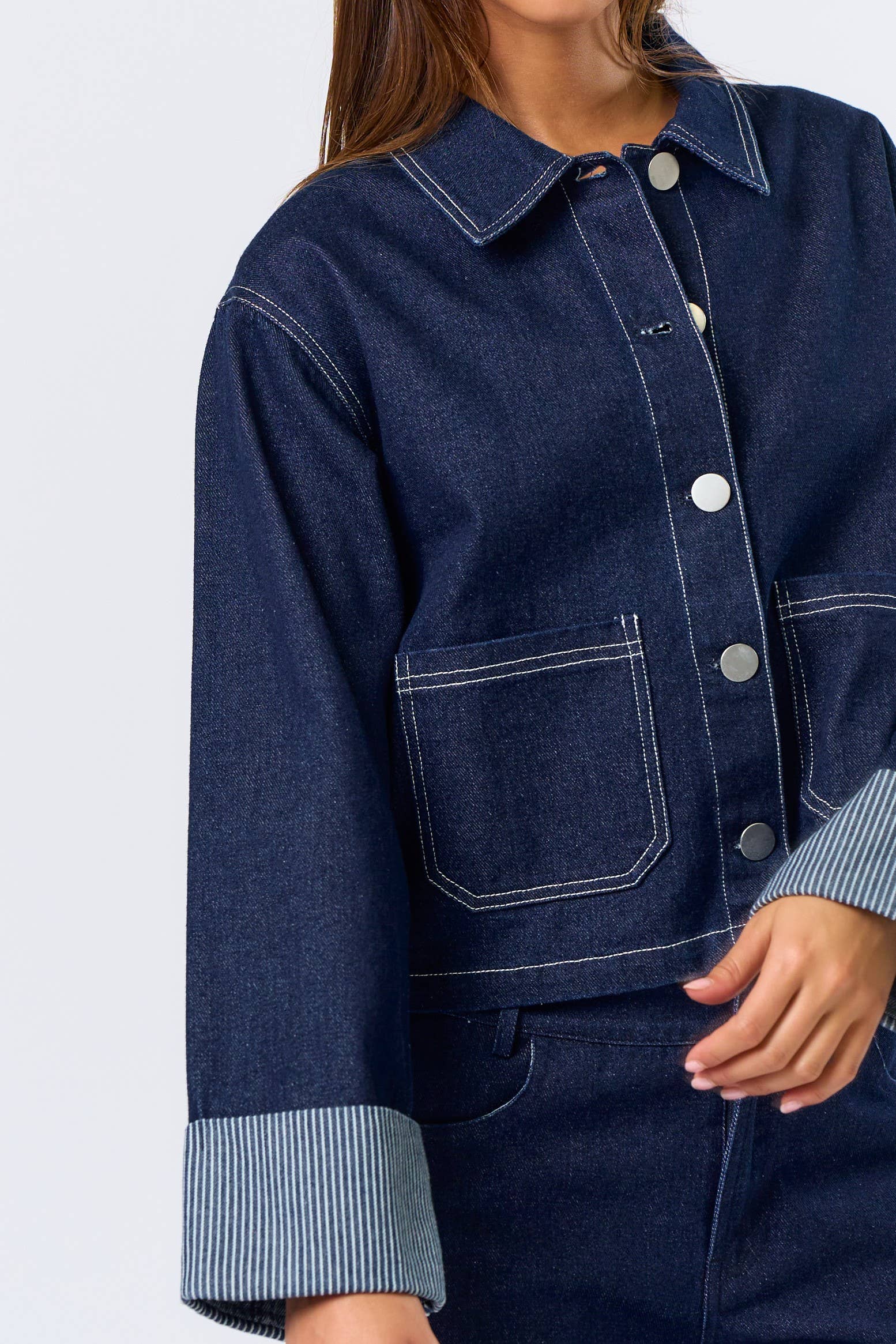 Stripe Folded Cuff Detailed Denim Jacket