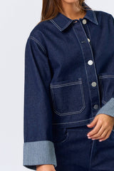 Stripe Folded Cuff Detailed Denim Jacket