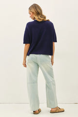 Ribbed Short Sleeve Cardigan - Navy