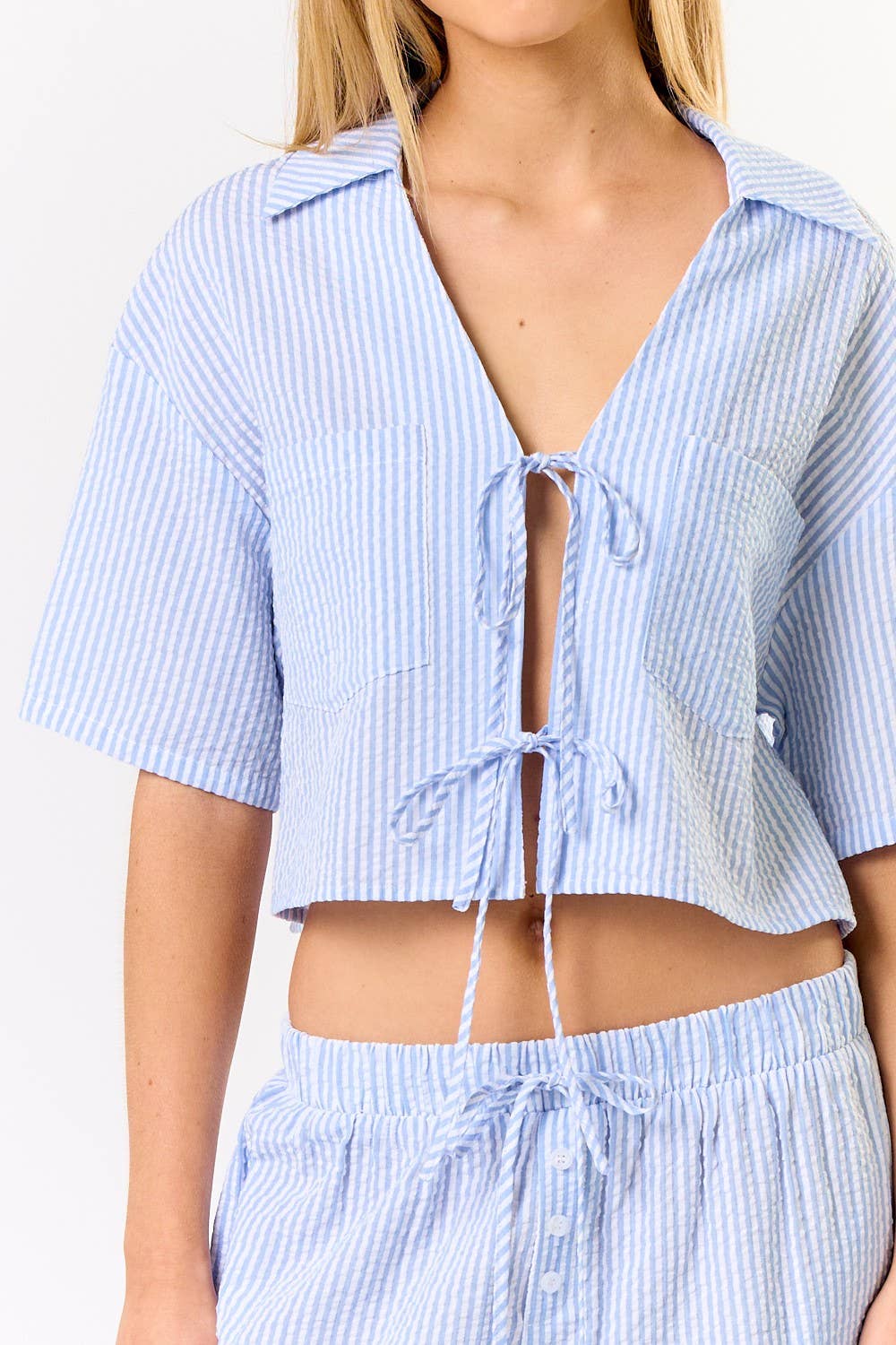 Stripe Front Tie Collared Top