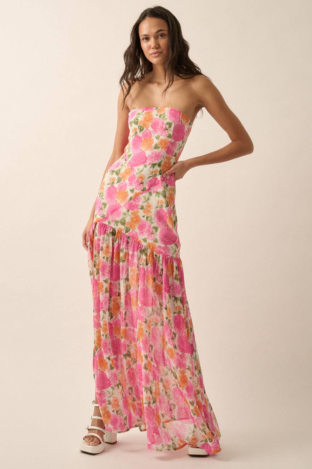 Asymmetric-Seam Floral Woven Maxi Dress
