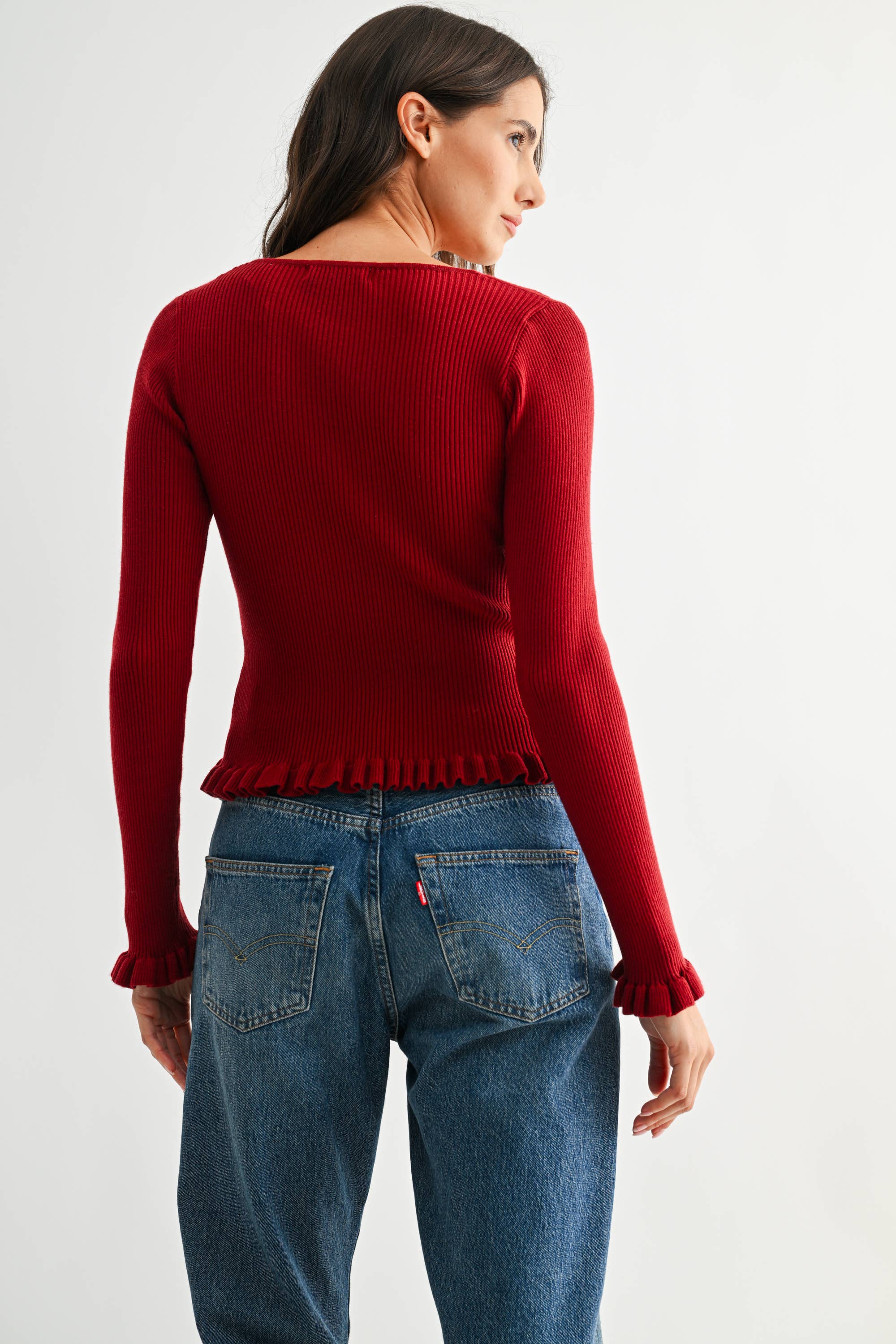 Ribbed Cardigan - Deep Red