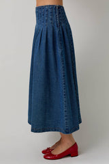 Pleated Denim Midi Skirt