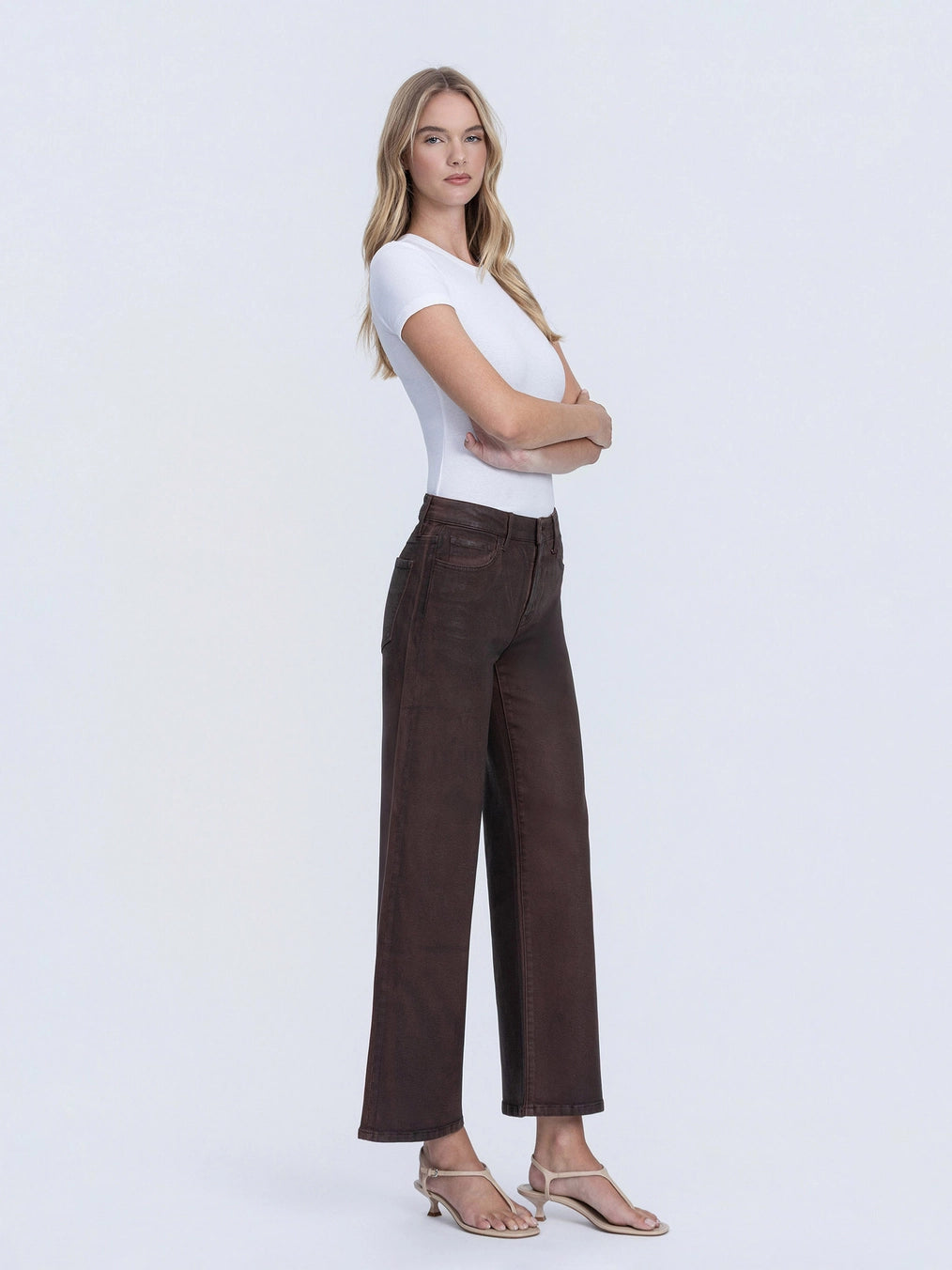 High Rise Chicory Coffee Coated Wide Leg Jeans