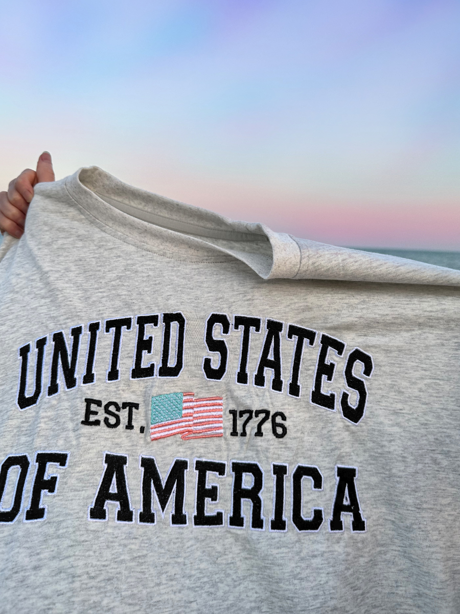 Pearl Grey United States of America Embroider Flag Tee