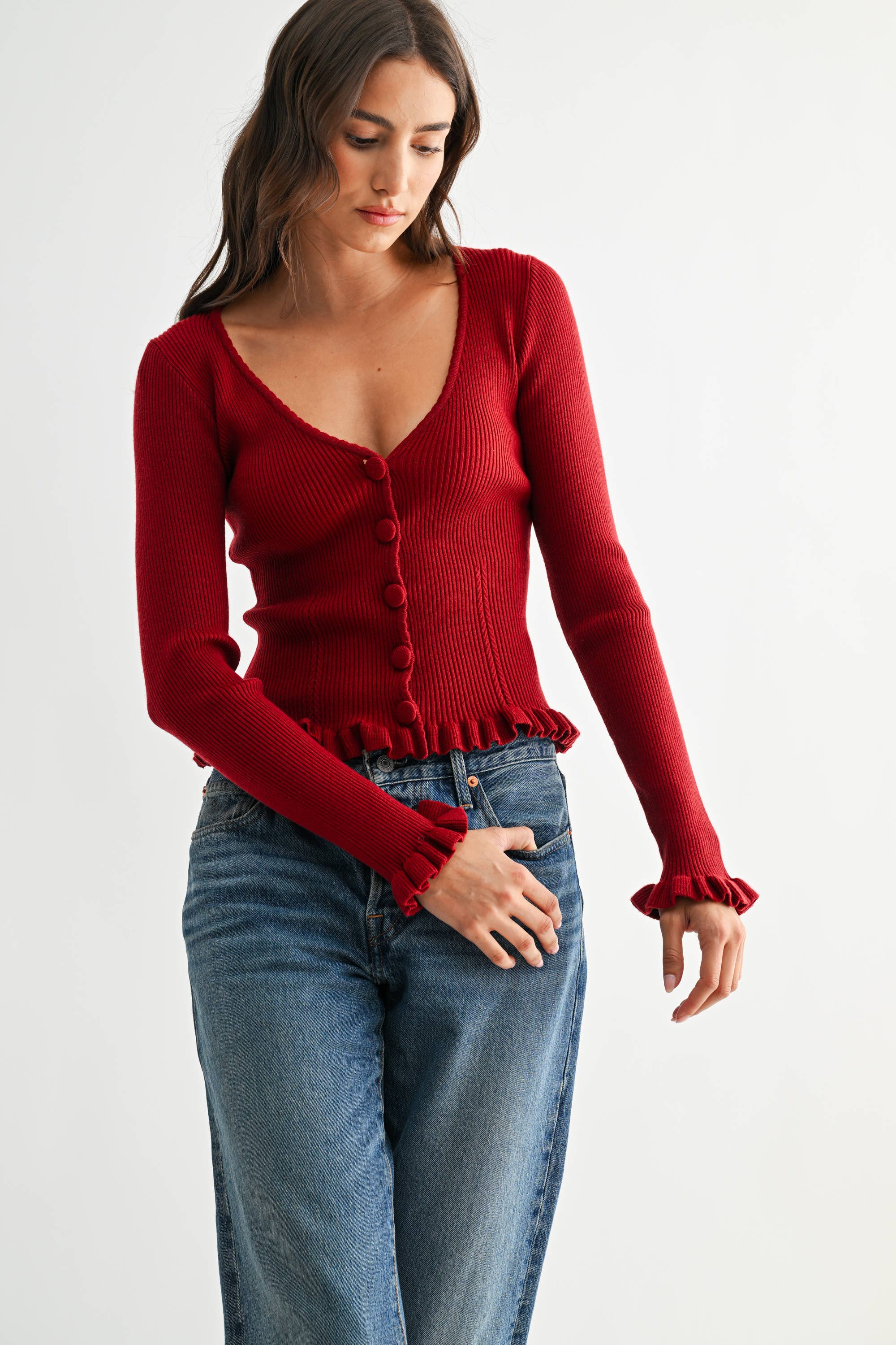 Ribbed Cardigan - Deep Red