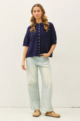 Ribbed Short Sleeve Cardigan - Navy